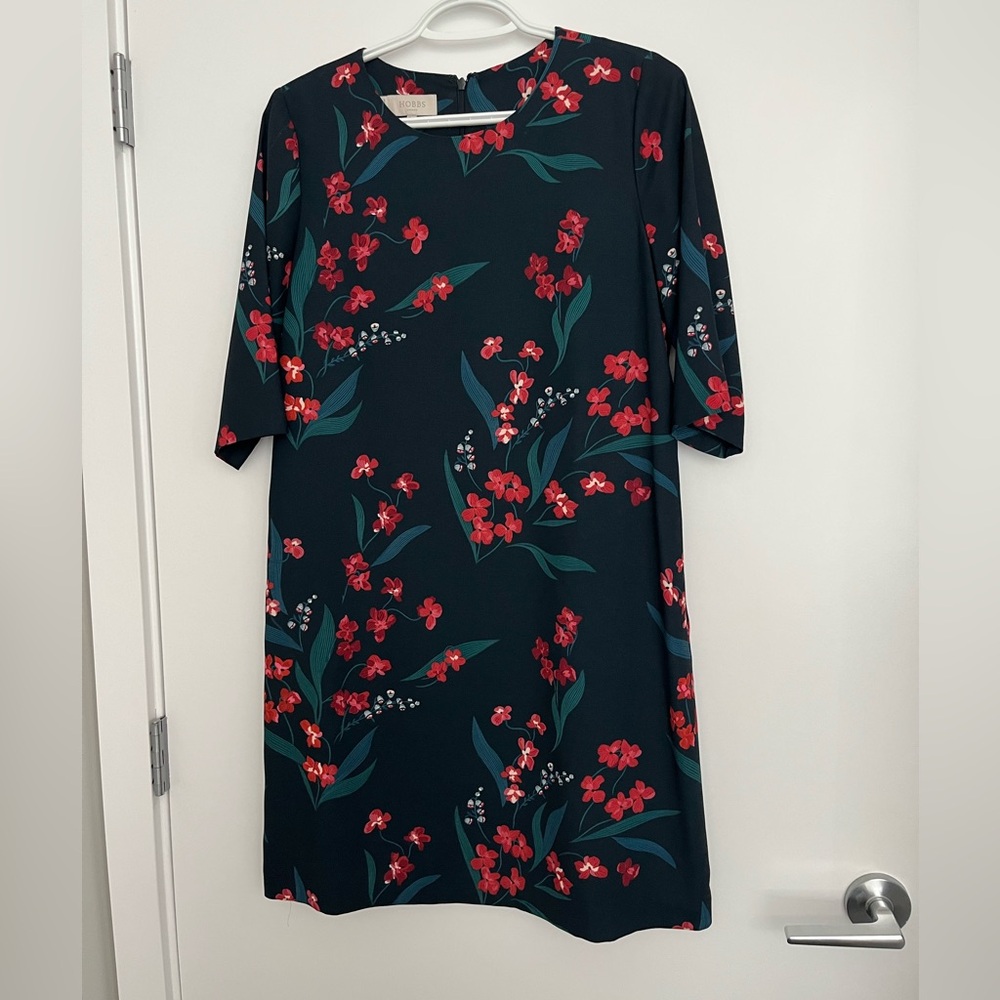 Hobbs London, Blue-green Floral Shift Dress, Size 6
